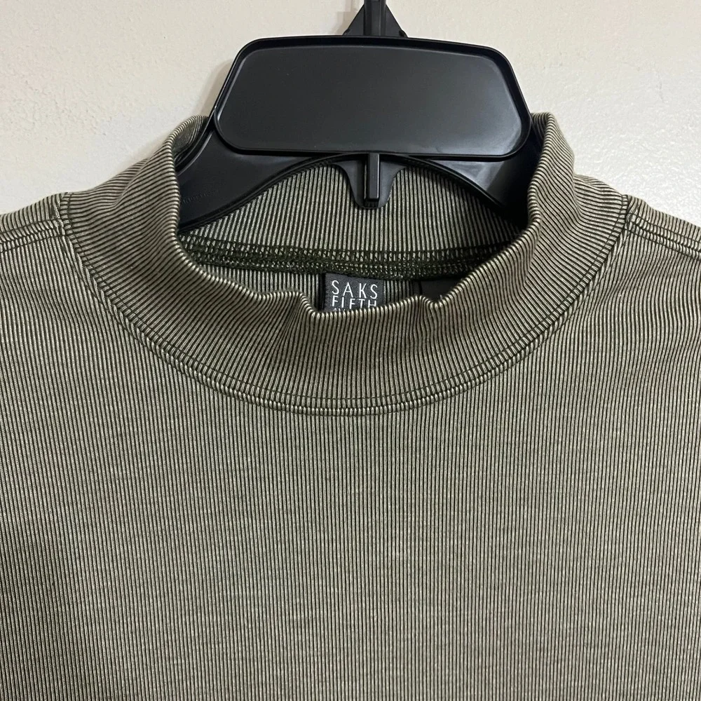 Saks Fifth Avenue Mens Silk Cotton Mock Neck Sweater Olive Green Ribbed Size M‎